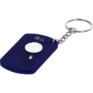 A navy blue keyring with a white button and a metal chain, featuring a logo.