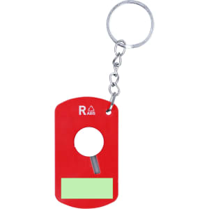 A red keyring with a circular opening and a chain attachment, featuring a logo and a green section.