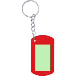 A red keyring with a rectangular green insert, attached to a silver chain and ring.