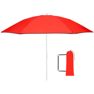 A red foldable beach umbrella with a white pole, accompanied by a matching carrying case.