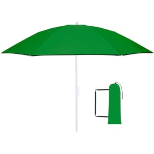 A green foldable beach umbrella with a white pole, accompanied by a matching carry bag.