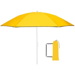 A yellow foldable beach umbrella with a white pole and matching carry sleeve. The umbrella has a black trim.