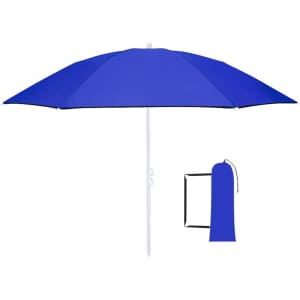 A blue foldable beach umbrella stands upright beside its matching carry bag. It features a white pole and adjustable height.