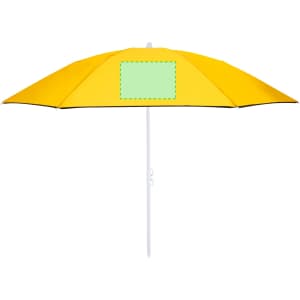A yellow foldable beach umbrella with a white pole, featuring a green patch for branding or labels.