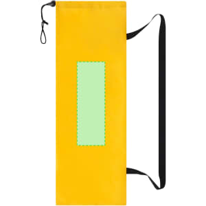 A foldable beach umbrella bag in vibrant yellow with a black shoulder strap and a green label area.