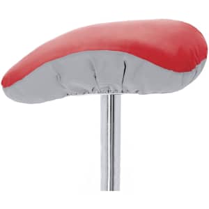 A saddle cover in red and grey, designed for outdoor use, featuring an elastic hem and a shiny surface.
