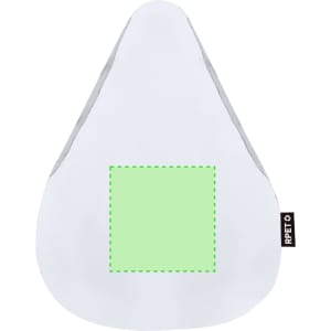 A saddle cover in white with a green square section, featuring a logo on the side.