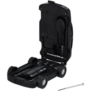 A black tool set featuring a compact case, multiple screwdriver bits, and a handle, alongside a small metal screw.