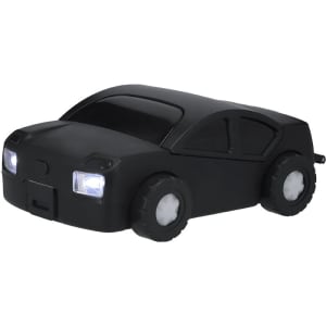 A black car-shaped tool set with two headlights and rubber wheels. It features a logo on its side.