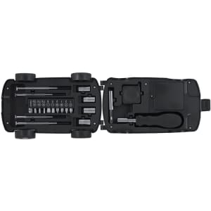 A tool set in a black case with various screwdrivers and sockets, featuring a compact design and branded logo.