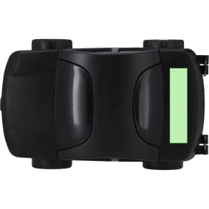 A black tool set shaped like a vehicle, featuring wheels and a green section, along with a logo.