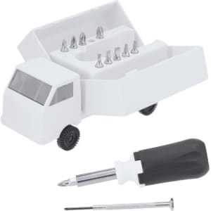 A white toy truck tool set featuring multiple screwdriver bits and a screwdriver, with a logo on the truck.
