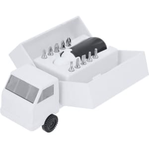 A white tool set designed as a truck, containing multiple screwdriver bits and a holder.
