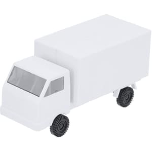 A white toy truck with black wheels and a blank cargo area, featuring a transparent front windshield.