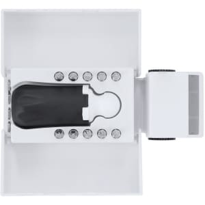 A tool set in a white case, featuring various screw bits and a black handle. The case has a logo.