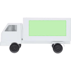 A white toy truck with black wheels, featuring a blank green area on its side for customisation.
