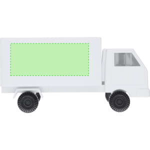 A white toy truck with a blank green side panel and black wheels. It has a simple, streamlined design.