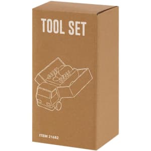 A brown cardboard box containing a tool set, featuring an illustration of a truck and tools inside.