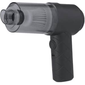 A black Kestrel vacuum cleaner with a transparent dust container and ergonomic handle. It features a button on the side.