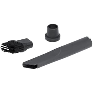 A set of black vacuum cleaner attachments, including a brush, a crevice tool, and a connector piece.