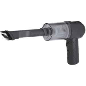 A black Kestrel vacuum cleaner with a transparent dust container and a narrow attachment for cleaning.