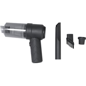 A black handheld vacuum cleaner with a transparent dust container, accompanied by two attachment tools.
