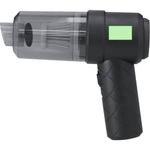 A handheld vacuum cleaner in black with a transparent dust container and a textured grip handle. It features a logo.