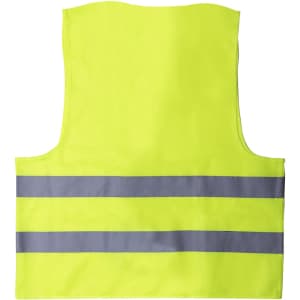 A bright yellow reflective vest with three grey stripes, designed for safety wear. Features a logo.