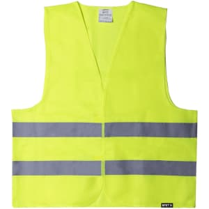 A neon yellow reflective vest featuring grey reflective stripes and a branded logo.