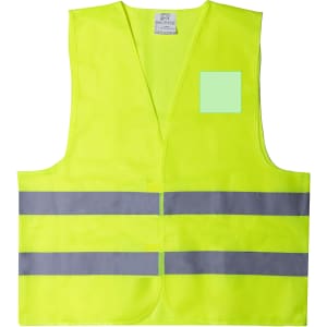 A fluorescent yellow reflective vest featuring grey stripes and a blank patch for branding. It includes a logo.
