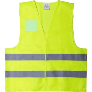 A bright yellow reflective vest featuring grey stripes and a logo area. Suitable for safety wear uniform.