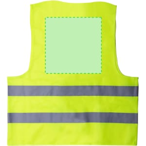A bright yellow reflective vest featuring two grey stripes and a blank area for customisation.