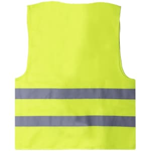 A bright yellow reflective vest featuring grey stripes, suitable for safety wear, with a logo on it.