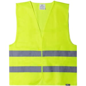 A bright yellow reflective vest featuring two horizontal grey stripes, designed for safety wear and visibility.