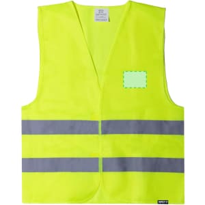 A reflective safety vest in bright yellow with grey stripes, featuring a blank space for branding or identification.