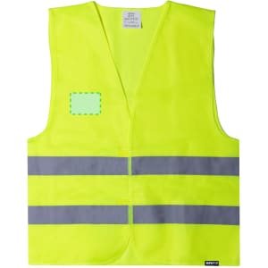 A reflective safety vest in bright yellow with grey reflective stripes and a branding logo.