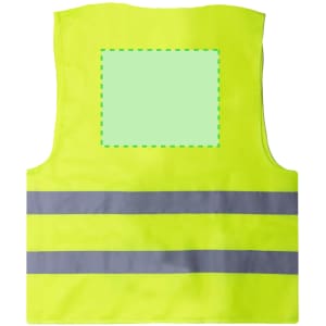 A bright yellow reflective vest featuring two grey stripes and an empty rectangular space for custom decoration.