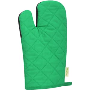 A green quilted kitchen mitten with a black trim and a small logo at the base.