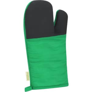 A green kitchen mitten with a black textured top and a smooth green fabric base, featuring a small logo.