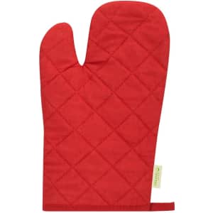 A red quilted kitchen mitten featuring a logo and a hanging loop.