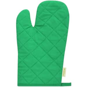 A green quilted kitchen mitten with a hanging loop and a branding label.