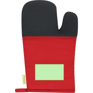 A red kitchen mitten with a black top and a light green patch, featuring a logo on the side.
