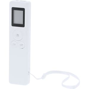A white laser measure with a small display, buttons, and a wrist strap, featuring a simple branding logo.