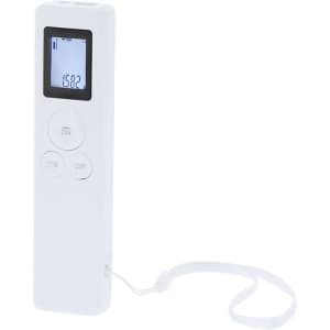A white laser measure with a digital display and buttons, featuring a wrist strap for easy handling.