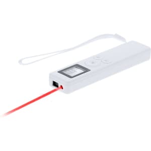 A white laser measure with buttons and a red laser output, featuring a small display and wrist strap.