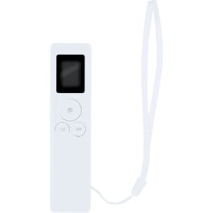 A white Nulan laser measure with a small display screen and buttons, featuring a wrist strap for easy carrying.