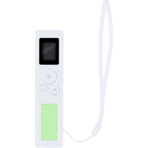 A white laser measure with a small display, buttons, and a green fabric attachment. It also features a strap.