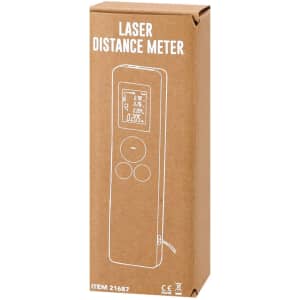A cardboard box containing a laser distance meter, featuring a screen and buttons, in a simple design.