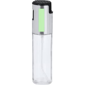 A clear oil sprayer with a silver nozzle and a black lid, featuring a green accent. It has a sleek, modern design.