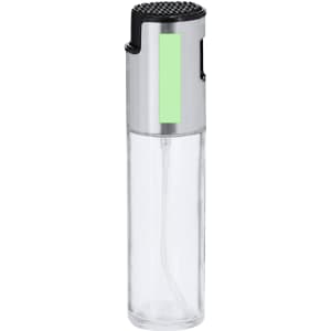 A transparent oil sprayer with a silver and black lid, featuring a fine mist nozzle for easy dispensing.